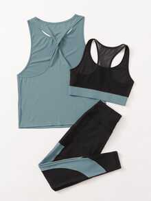 SHEIN Cheerettes 3pcs Colorblock Sports Activewear Set Workout Women Set - Multicolor - View 3