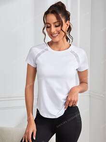 SHEIN Cheerettes Women Mesh Splice Raglan Sleeve Sports Activewear Top T-Shirt - White - View 6