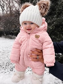 SHEIN Newborn Baby Girl Cute Autumn/Winter Thermal Lined Cartoon Pattern Hooded Padded Coat - Pink - View 1