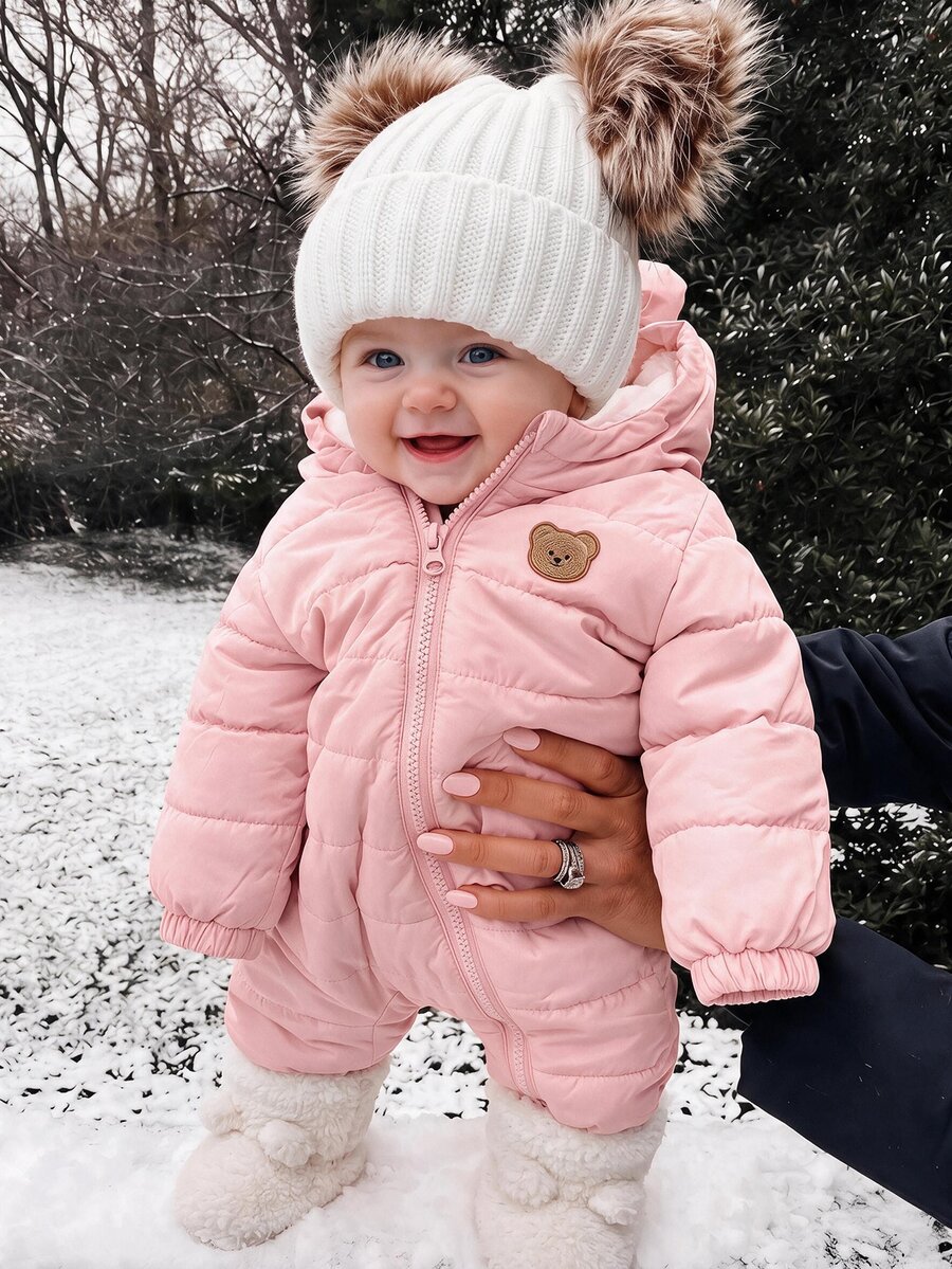 SHEIN Newborn Baby Girl Cute Autumn/Winter Thermal Lined Cartoon Pattern Hooded Padded Coat - Pink - View 1