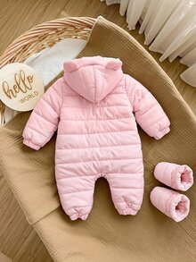 SHEIN Newborn Baby Girl Cute Autumn/Winter Thermal Lined Cartoon Pattern Hooded Padded Coat - Pink - View 2