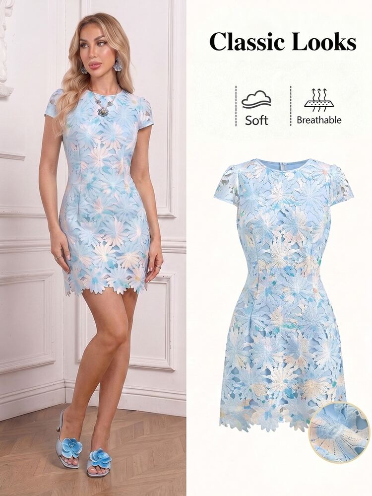 Ellevyn Women's Round Neck Cap Sleeve Blue Floral Lace Waist Elegant Dress Spring Outfits For Women Dresses Summer Picnic Casual Woman Ete,Summer - Baby Blue - View 1