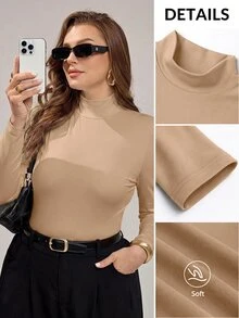 Auralis Plus Size Women Solid Color Casual Versatile Daily Long Sleeve T-Shirt Fall - Khaki - View 1