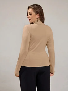 Auralis Plus Size Women Solid Color Casual Versatile Daily Long Sleeve T-Shirt Fall - Khaki - View 2