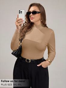 Auralis Plus Size Women Solid Color Casual Versatile Daily Long Sleeve T-Shirt Fall - Khaki - View 6