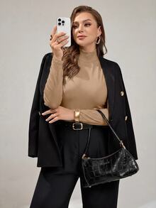 Auralis Plus Size Women Solid Color Casual Versatile Daily Long Sleeve T-Shirt Fall - Khaki - View 4