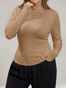 Auralis Plus Size Women Solid Color Casual Versatile Daily Long Sleeve T-Shirt Fall - Khaki - View 7