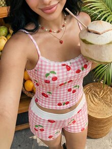 SHEIN ICON 樱桃印花吊带露脐上衣和短裤两件套，青少年休闲装 - 粉色 - 查看 6