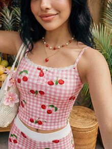 SHEIN ICON 樱桃印花吊带露脐上衣和短裤两件套，青少年休闲装 - 粉色 - 查看 5