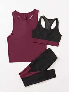 SHEIN Cheerettes 3Pcs Breathable Softness Colorblock Gym Set Fitness Gym Set Twist Back Top Wide Waistband Tights Workout Clothes Workout Women Sports Activewear Set - Multicolor - View 4
