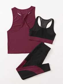 SHEIN Cheerettes 3Pcs Breathable Softness Colorblock Gym Set Fitness Gym Set Twist Back Top Wide Waistband Tights Workout Clothes Workout Women Sports Activewear Set - Multicolor - View 3