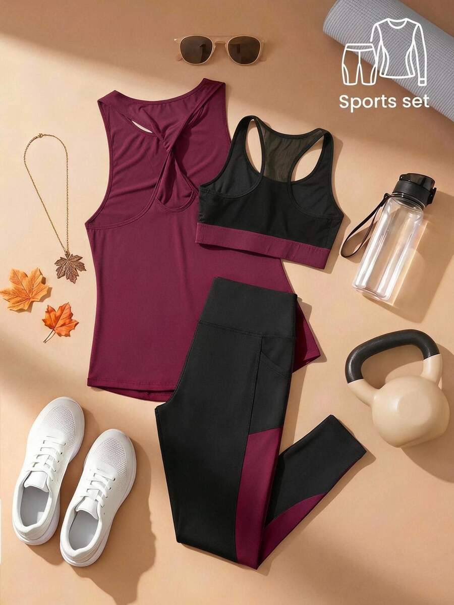 SHEIN Cheerettes 3Pcs Breathable Softness Colorblock Gym Set Fitness Gym Set Twist Back Top Wide Waistband Tights Workout Clothes Workout Women Sports Activewear Set - Multicolor - View 1