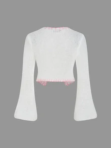 SHEIN ICON 短款分割式下擺毛衣,配有擴口袖子 - 白色 - 查看 7