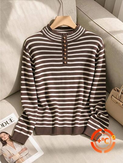 Rusticease Middle-Aged And Elderly Women's Button Striped Long Sleeve Knit Sweater