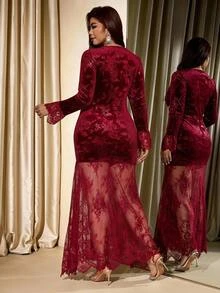 Velvienne Women's V-Neck Lace Hem Long Sleeve Elegant Dress - Burgundy - View 2