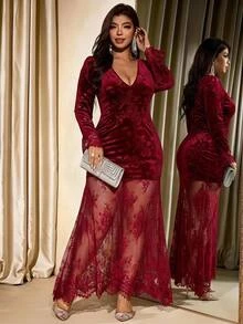 Velvienne Women's V-Neck Lace Hem Long Sleeve Elegant Dress - Burgundy - View 3