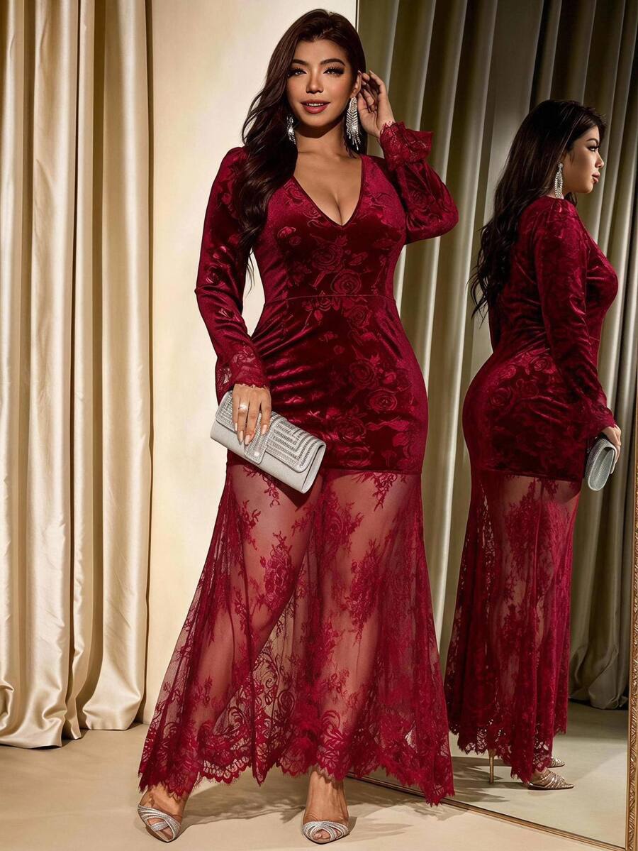 Velvienne Women's V-Neck Lace Hem Long Sleeve Elegant Dress - Burgundy - View 1