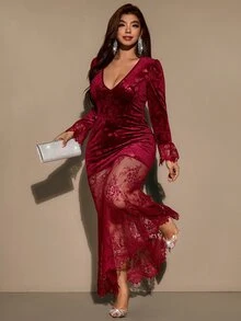 Velvienne Women's V-Neck Lace Hem Long Sleeve Elegant Dress - Burgundy - View 9