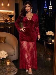 Velvienne Women's V-Neck Lace Hem Long Sleeve Elegant Dress - Burgundy - View 1