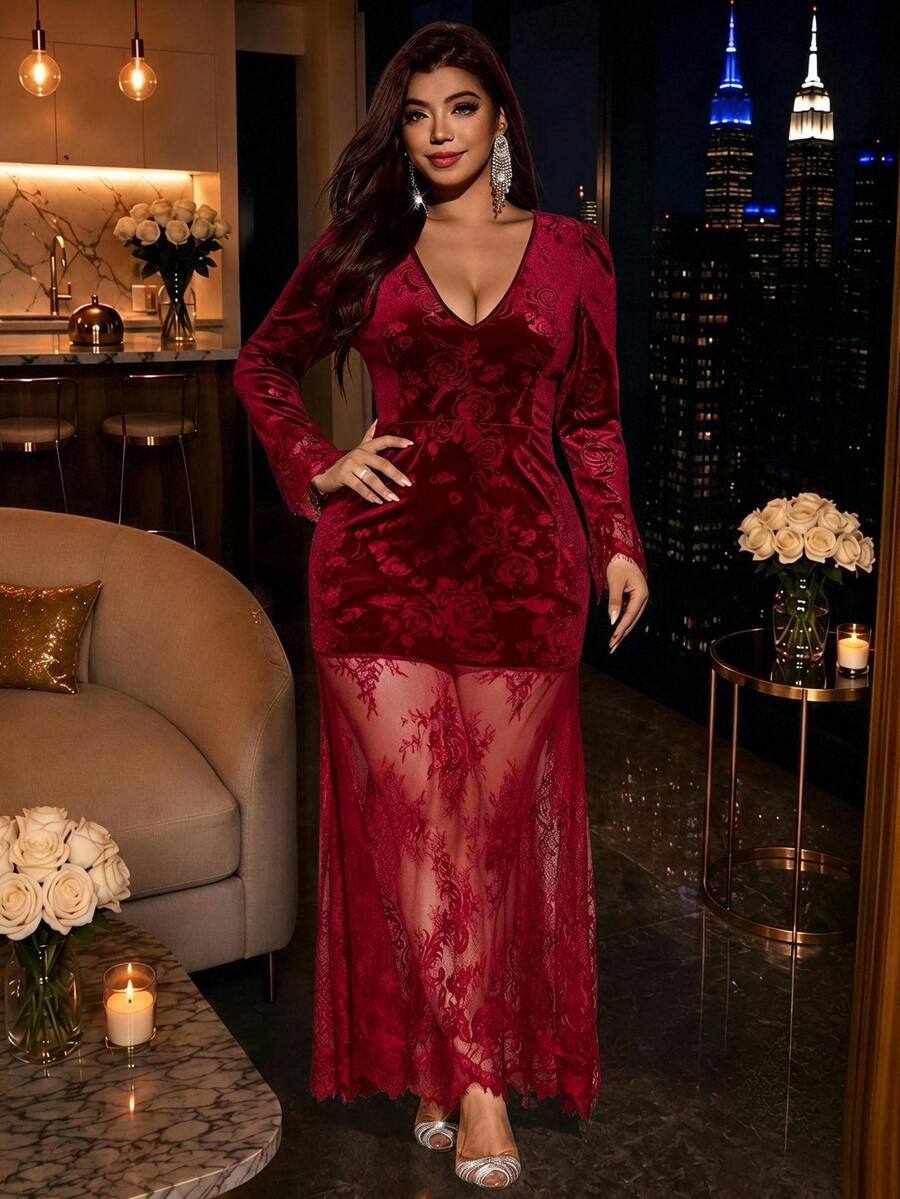 Velvienne Women's V-Neck Lace Hem Long Sleeve Elegant Dress - Burgundy - View 1
