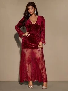 Velvienne Women's V-Neck Lace Hem Long Sleeve Elegant Dress - Burgundy - View 5