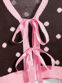 ROMWE Autumn/Winter Vintage Y2K Bow Ribbon Polka Dot Cute Retro Pink & Cardigan - Brown - View 4