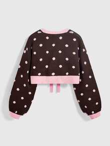 ROMWE Autumn/Winter Vintage Y2K Bow Ribbon Polka Dot Cute Retro Pink & Cardigan - Brown - View 2