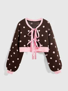 ROMWE Autumn/Winter Vintage Y2K Bow Ribbon Polka Dot Cute Retro Pink & Cardigan - Brown - View 1