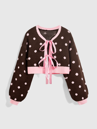 Automne/Hiver Vintage Y2K Nœud Ruban Pois Mignon Rétro Rose & Cardigan