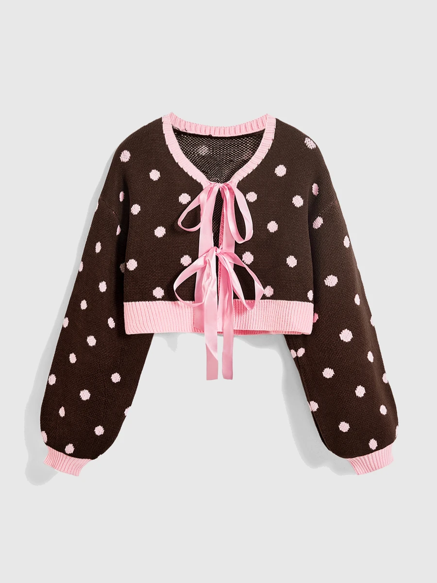 ROMWE Autumn/Winter Vintage Y2K Bow Ribbon Polka Dot Cute Retro Pink & Cardigan - Brown - View 1