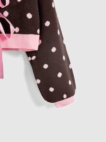 ROMWE Autumn/Winter Vintage Y2K Bow Ribbon Polka Dot Cute Retro Pink & Cardigan - Brown - View 3