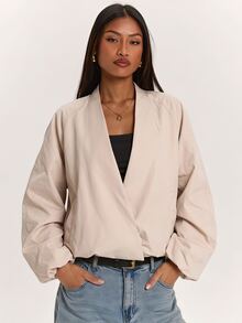 SHEIN BAE 極簡休閒純色時尚百搭V領修身長袖短外套 米色 秋季日常穿搭 - 卡其色 - 查看 5