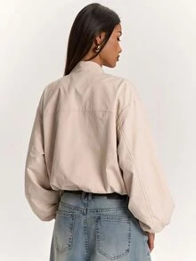 SHEIN BAE 極簡休閒純色時尚百搭V領修身長袖短外套 米色 秋季日常穿搭 - 卡其色 - 查看 3