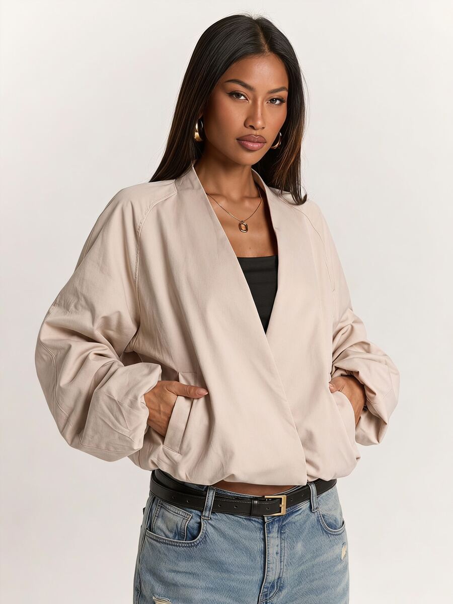 SHEIN BAE Áo khoác ngắn dáng ngắn tay dài cổ chữ V màu trơn phong cách tối giản thời trang đa năng mặc thường ngày màu be cho mùa thu - Màu Khaki - Xem 1