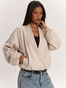 SHEIN BAE 極簡休閒純色時尚百搭V領修身長袖短外套 米色 秋季日常穿搭 - 卡其色 - 查看 2