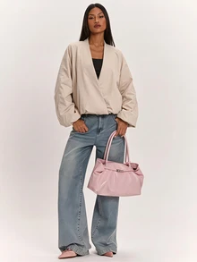 SHEIN BAE 極簡休閒純色時尚百搭V領修身長袖短外套 米色 秋季日常穿搭 - 卡其色 - 查看 1