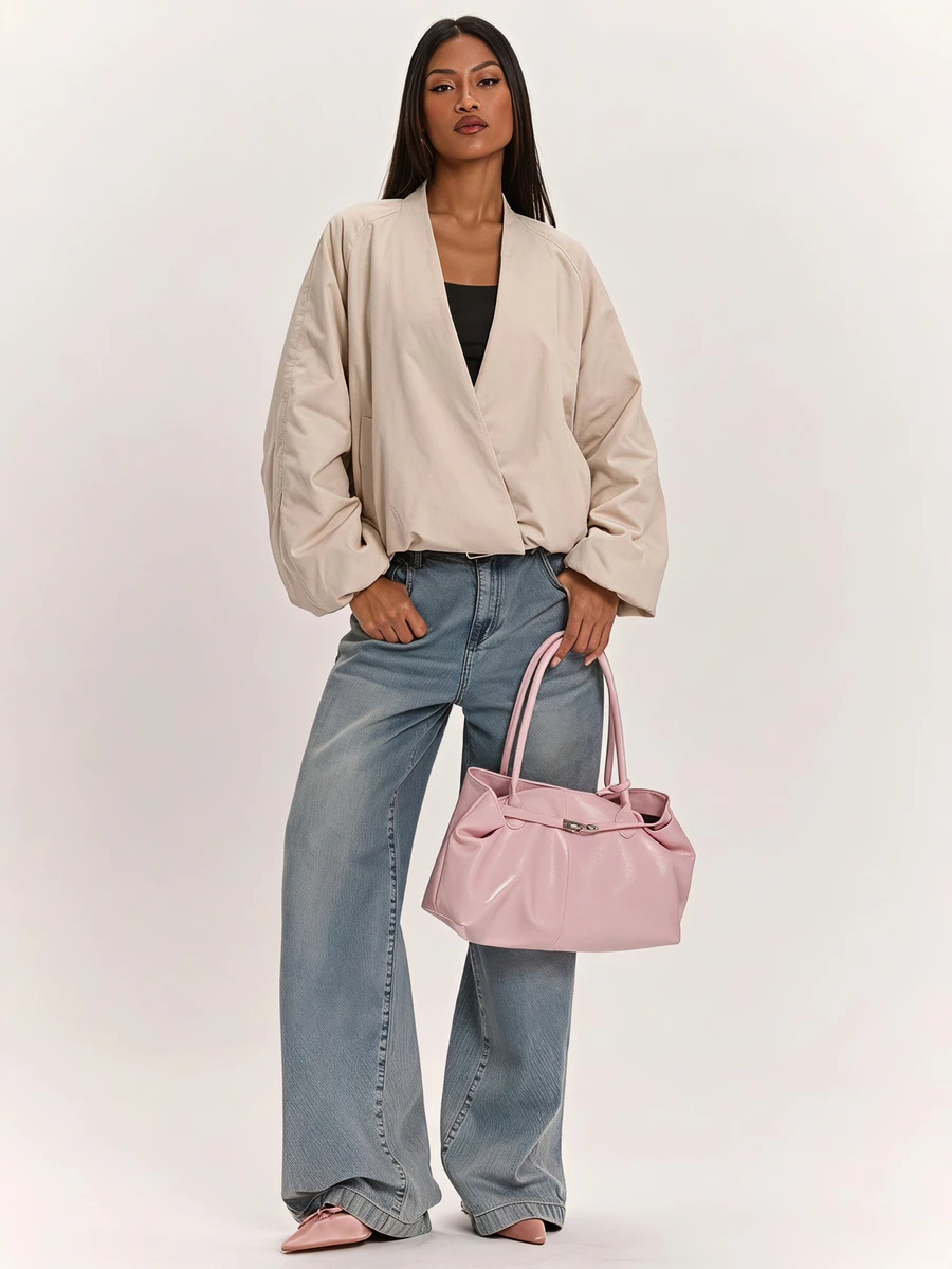 SHEIN BAE 極簡休閒純色時尚百搭V領修身長袖短外套 米色 秋季日常穿搭 - 卡其色 - 查看 1
