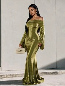 Eryvara Women's Elegant Satin Olive Green Cold Shoulder Bell Sleeve Dress,High-Waist Ruched Slim Bodycon Ankle-Length Gown,Occasion Wear Business Party - Green - View 7