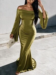 Eryvara Women's Elegant Satin Olive Green Cold Shoulder Bell Sleeve Dress,High-Waist Ruched Slim Bodycon Ankle-Length Gown,Occasion Wear Business Party - Green - View 4