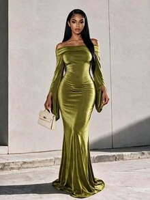 Eryvara Women's Elegant Satin Olive Green Cold Shoulder Bell Sleeve Dress,High-Waist Ruched Slim Bodycon Ankle-Length Gown,Occasion Wear Business Party - Green - View 8