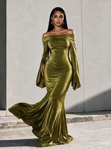 Eryvara Women's Elegant Satin Olive Green Cold Shoulder Bell Sleeve Dress,High-Waist Ruched Slim Bodycon Ankle-Length Gown,Occasion Wear Business Party - Green - View 5