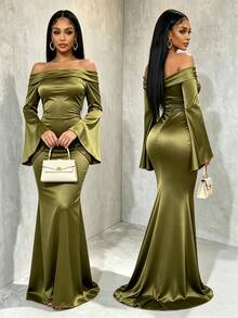 Eryvara Women's Elegant Satin Olive Green Cold Shoulder Bell Sleeve Dress,High-Waist Ruched Slim Bodycon Ankle-Length Gown,Occasion Wear Business Party - Green - View 1
