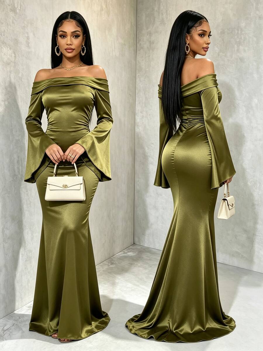 Eryvara Women's Elegant Satin Olive Green Cold Shoulder Bell Sleeve Dress,High-Waist Ruched Slim Bodycon Ankle-Length Gown,Occasion Wear Business Party - Green - View 1