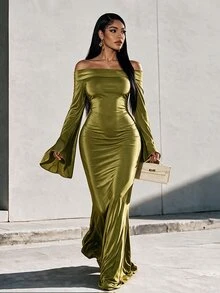 Eryvara Women's Elegant Satin Olive Green Cold Shoulder Bell Sleeve Dress,High-Waist Ruched Slim Bodycon Ankle-Length Gown,Occasion Wear Business Party - Green - View 3