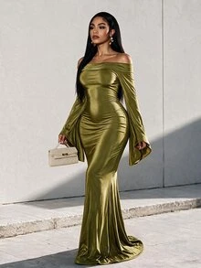Eryvara Women's Elegant Satin Olive Green Cold Shoulder Bell Sleeve Dress,High-Waist Ruched Slim Bodycon Ankle-Length Gown,Occasion Wear Business Party - Green - View 6