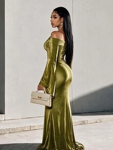 Eryvara Women's Elegant Satin Olive Green Cold Shoulder Bell Sleeve Dress,High-Waist Ruched Slim Bodycon Ankle-Length Gown,Occasion Wear Business Party - Green - View 2
