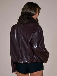 SHEIN BAE 女款秋季時尚毛絨拼接夾克 - 酒紅色 - 查看 2