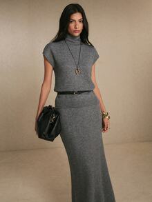 Poéselle Women's Charcoal Gray Turtleneck Knit Two-Piece Set Elegant Co-Ord Set For Work & Casual Wear Knit Skirt Set Matching Sweater Set Elevated Basics Fall - Grey - View 4