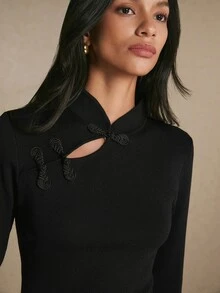Poéselle Women's Black Mandarin-Collar Knit Sweater Slim-Fit Long-Sleeve Pullover Top With Frog Closures Asymmetric Keyhole Cutout&Side Slit Chic Fall/Winter - Black - View 3