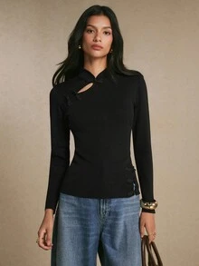 Poéselle Women's Black Mandarin-Collar Knit Sweater Slim-Fit Long-Sleeve Pullover Top With Frog Closures Asymmetric Keyhole Cutout&Side Slit Chic Fall/Winter - Black - View 7